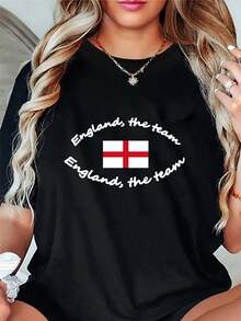 Una interesante camiseta inglesa de manga corta, un estilo de camiseta dinámico y fresco del equipo de Inglaterra, un look deportivo de moda, informal y enérgico para mujeres. Una elegante y divertida camiseta de capa base cómoda impresa con cuello tripulado, adecuada como regalo. Un cómodo - Negro - Ver 2