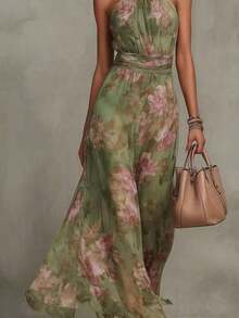 2026 Green Floral Maxi Dress With Enhanced Waist, Sophisticated Halter Long Dress For Women, Classic And Feminine Style - 金色 - 查看 2