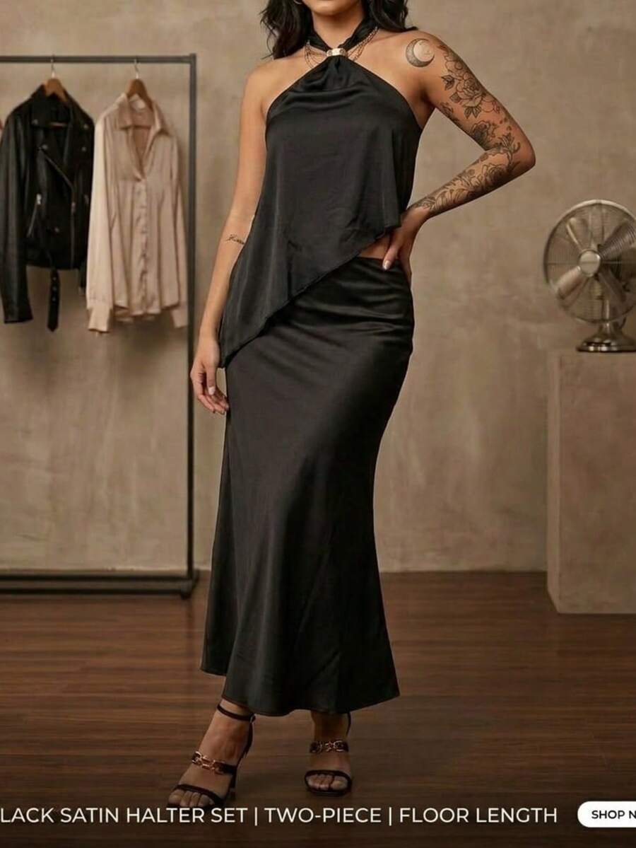 Conjunto 2 piezas de satín para mujer, top halter elegante con anilla dorada metálica bajo asimétrico y falda larga fluida con abertura trasera, acabado brillante, caída suave, diseño confortable ideal para eventos especiales y outfits sofisticados para fiesta en la noche sexy - Negro - Ver 1