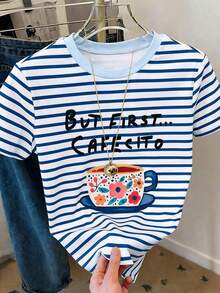 Camiseta casual de mujer de cuello redondo y manga corta con estampado de letras y rayas - Multicolor - Ver 3