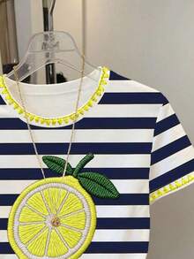 Camiseta de manga corta casual de mujer con bordado de limón, para verano - Blanco 3 - Ver 3