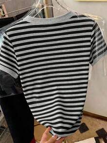 Camiseta de mujer de manga corta con cuello redondo y bloques de color a rayas - Multicolor 10 - Ver 2