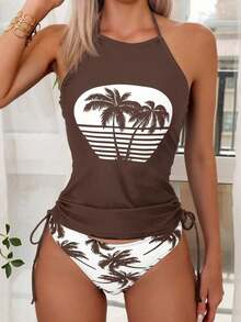 Conjunto de top de tankini con cuello halter y Bottom con estampado de palmeras, cordón y fruncido, para vacaciones y playa - Multicolor 4 - Ver 1