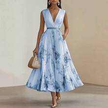 Women's Sleeveless Printed Midi Dress, Elegant And Modern Long V-Neck, Ideal For Holidays And Casual Events - 藍色 - 查看 7