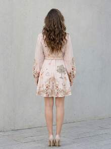 Elegant Floral Short Dress, Casual Romantic Chic Shirt Dress With Adjustable Belt For Party, Work, Office, Social Event, Garden - 粉色 - 查看 4