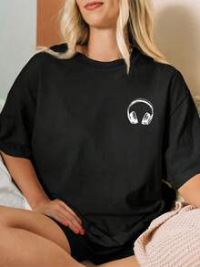 Women's Oversized Music-Themed T-Shirt With The Slogan "Music Calms My Soul" And A Headphone/Musical Note Print - Casual Short-Sleeve Crew Neck T-Shirt In Black And White For Music Lovers, For Concerts, DJ Events, Casual Wear, Y2k Style. - 黑色 - 查看 3