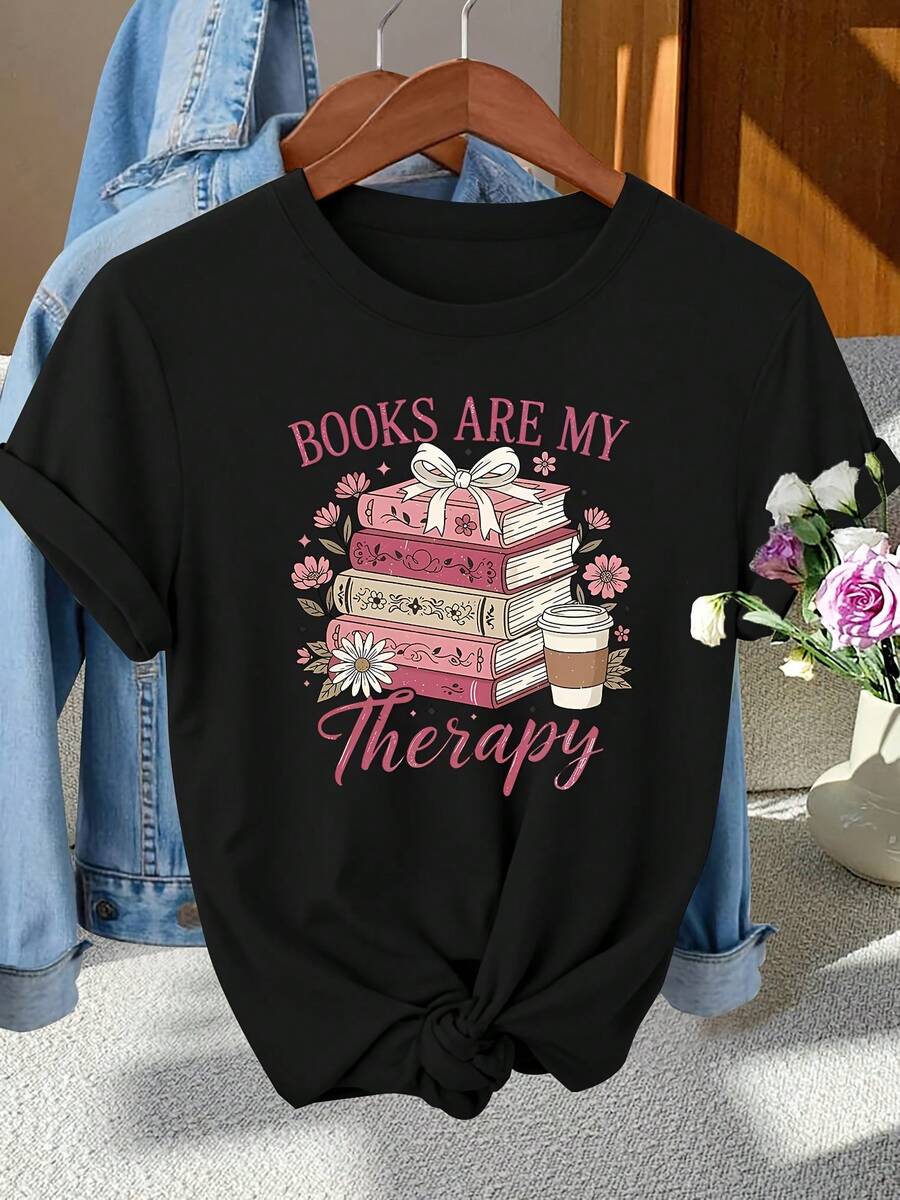 Women's Elegant Party Short-Sleeved Crew Neck T-Shirt With Graphic Print "Books Are My Relaxation" For Spring, Summer And Autumn, Stylish Girl's Top For Photo Shoots - 黑色 - 查看 1