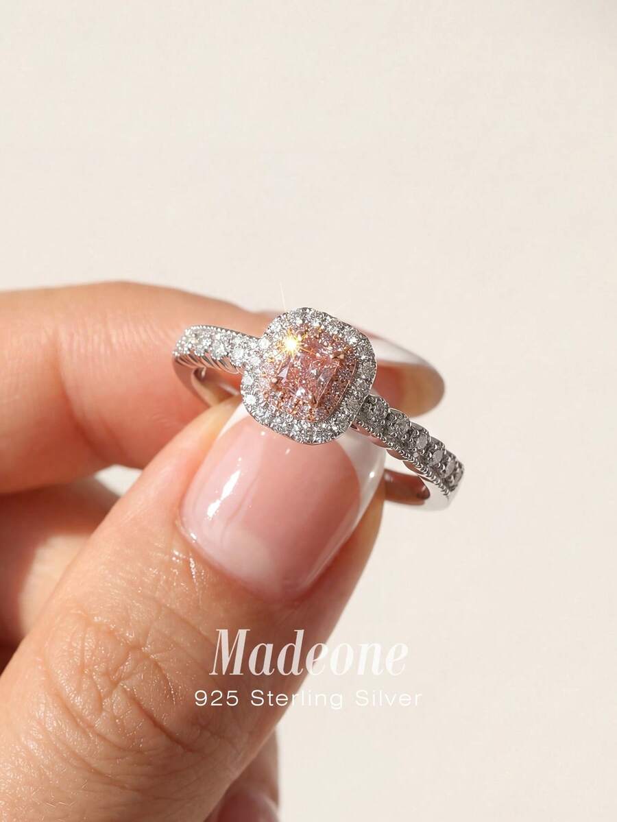 MADEONE 1 chiếc nhẫn kim cương hồng lấp lánh, bạc sterling S925 đính đá Cubic Zirconia, sang trọng và tinh tế, trang sức cao cấp, quà tặng nhẫn cưới/nhẫn đính hôn.