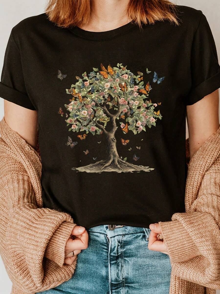 Camiseta suave 100% algodón con estampado de mariposas y letras, manga corta, cuello redondo, top casual para verano y primavera, ropa de mujer, camiseta de algodón transpirable, combina con todo, genial. - Negro - Ver 1