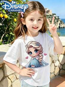 The Frozen Princess Elsa T-Shirt, A Cute, Fresh, And Fashionable Disney Girl's Crew Neck T-Shirt Made Of 100% Pure Cotton, Is An Ideal Choice For Daily Wear, Holiday Leisure, Outdoor Exploration, School Life, And Shopping Trips. It Is Also A Must-Have Item For Summer And Makes An Excellent Disney Gift For Both Girls And Boys. - White - View 1