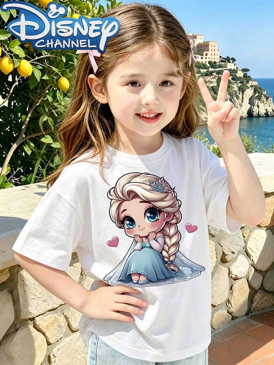The Frozen Princess Elsa T-Shirt, A Cute, Fresh, And Fashionable Disney Girl's Crew Neck T-Shirt Made Of 100% Pure Cotton, Is An Ideal Choice For Daily Wear, Holiday Leisure, Outdoor Exploration, School Life, And Shopping Trips. It Is Also A Must-Have Item For Summer And Makes An Excellent Disney Gift For Both Girls And Boys. - White - View 1