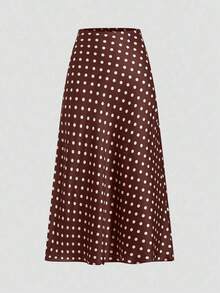 Falda de estilo vacacional elegante y retro con estampado de lunares para mujeres, otoño, invierno - Marrón Chocolate - Ver 1