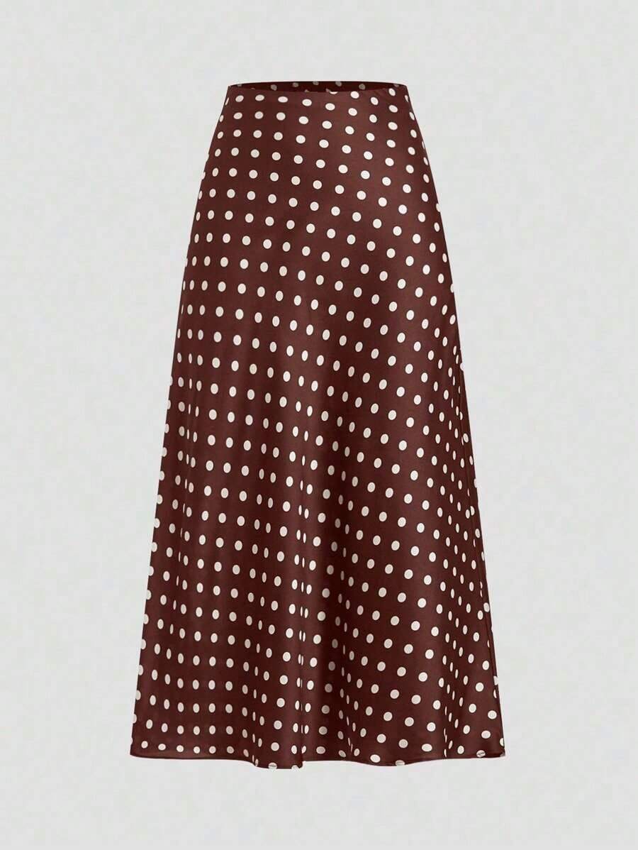 Falda de estilo vacacional elegante y retro con estampado de lunares para mujeres, otoño, invierno - Marrón Chocolate - Ver 1