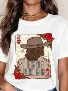 Camiseta Blanca con Diseño de Carta de Juego "Jesus Is King", Sombrero de Vaquero y Rosas, Tema de Fe Cristiana para Pascua y Navidad - Blanco - Ver 6