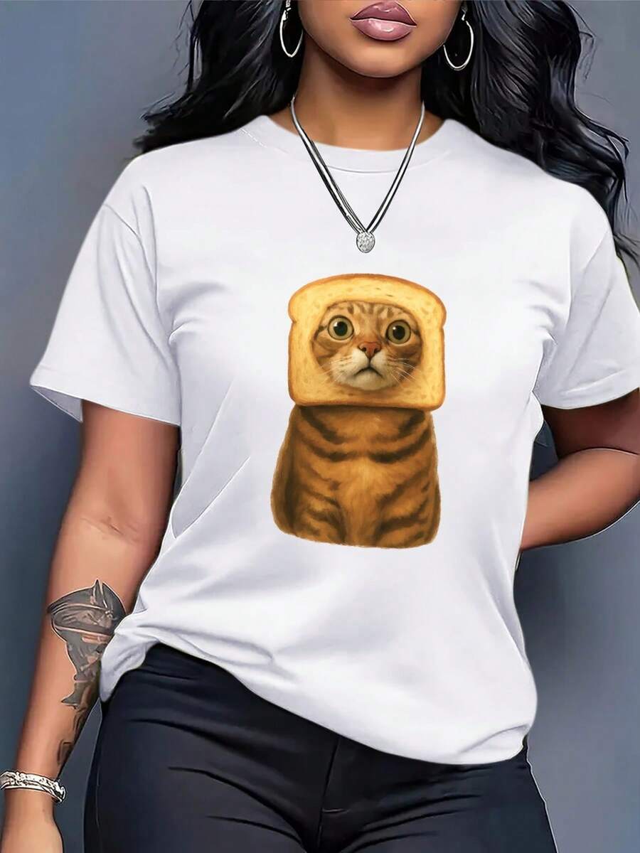 Plus Size Women's T-Shirt With Fun Cat And Toast Print - Casual Everyday Top, Lightweight And Breathable, Seamless Undershirt, White For Summer Loungewear, Machine Washable Short Sleeve T-Shirt. Women's Summer Graphic Tees, Casual Printed T-Shirt For Women, Short Sleeve And Crew Neck, Spring/Summer Local Streetwear. - 白色 - 查看 1