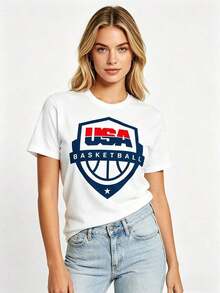 1 Piece Of USA Basketball Jersey, White Round Neck T-Shirt, Casual Cotton T-Shirt For Daily Wear, Lightweight Summer T-Shirt, 180g 100% Cotton. - 白色 - 查看 2