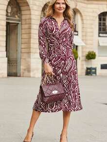 Vestido largo de manga larga para mujer, de otoño-invierno, estampado, diseño de botones con nudo/twist, corte ajustado y favorecedor, estilo casual y elegante, perfecto para el día y la noche - Burdeos - Ver 3