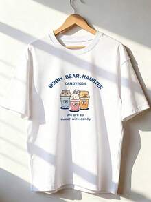 Camiseta de Manga Corta con Personajes Dulces,Camiseta de manga corta de moda para primavera y verano de 2026, hecha en México, 180 gramos. Estampado de dibujos animados, modelo de pareja, apta para uso interior o exterior. Cuello redondo, unisex, ideal para oficina y ocio. Paquete de una pieza. - WH-P631577SLNDXZGY440 - Ver 1