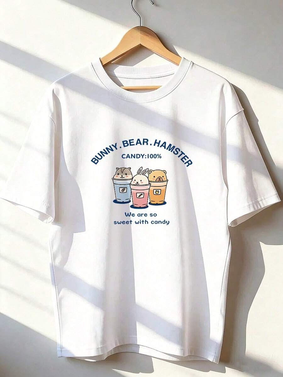 Camiseta de Manga Corta con Personajes Dulces,Camiseta de manga corta de moda para primavera y verano de 2026, hecha en México, 180 gramos. Estampado de dibujos animados, modelo de pareja, apta para uso interior o exterior. Cuello redondo, unisex, ideal para oficina y ocio. Paquete de una pieza. - WH-P631577SLNDXZGY440 - Ver 1