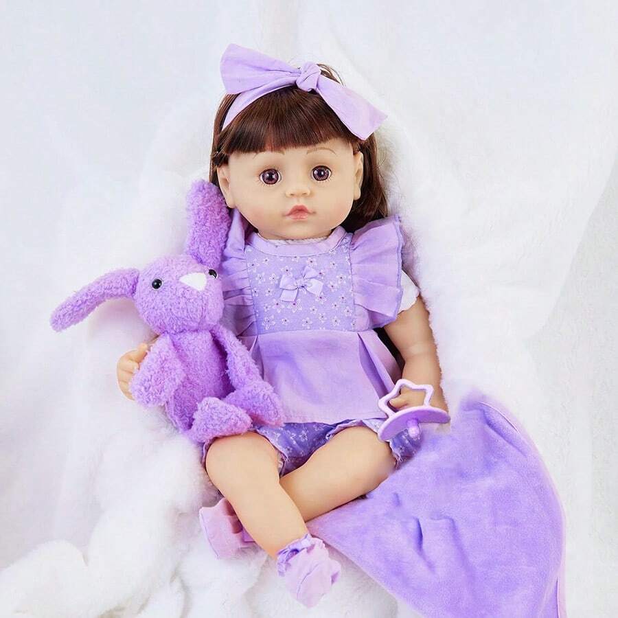 10-Piece 18-Inch Baby Doll Basket Set Includes Doll Clothes, Bassinet, Doll, Bibs, And Pacifiers. A Great Gift For Girls, Baby Dolls, Children's Toys, Party Favors, Doll Accessories, And Holiday Gifts. - Màu tím - Xem 1