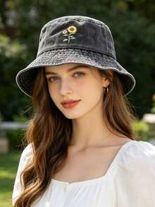 Sunflower Print Distressed Bucket Hat, Casual Outdoor Sun Protection Hat For Men And Women - Bucket Hat - View 2
