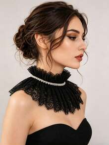 1pc Gothic Victorian Style Black Lace Ruffle Faux Collar With Pearl Decor, Detachable Ruffle Choker Collar, Suitable For Lolita, Cosplay And Halloween - Black - View 3