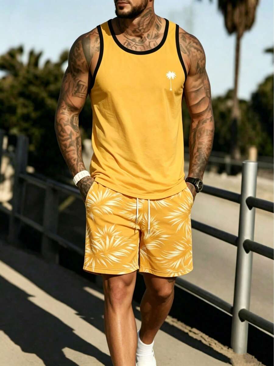 男士夏季海灘度假熱帶椰子樹印花對比滾邊無袖背心與抽繩腰短褲套裝 - 薑色 - 查看 1