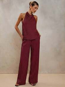 Conjunto de dos piezas elegante de rayas para vacaciones de mujer, primavera/verano - Rojo - Ver 3