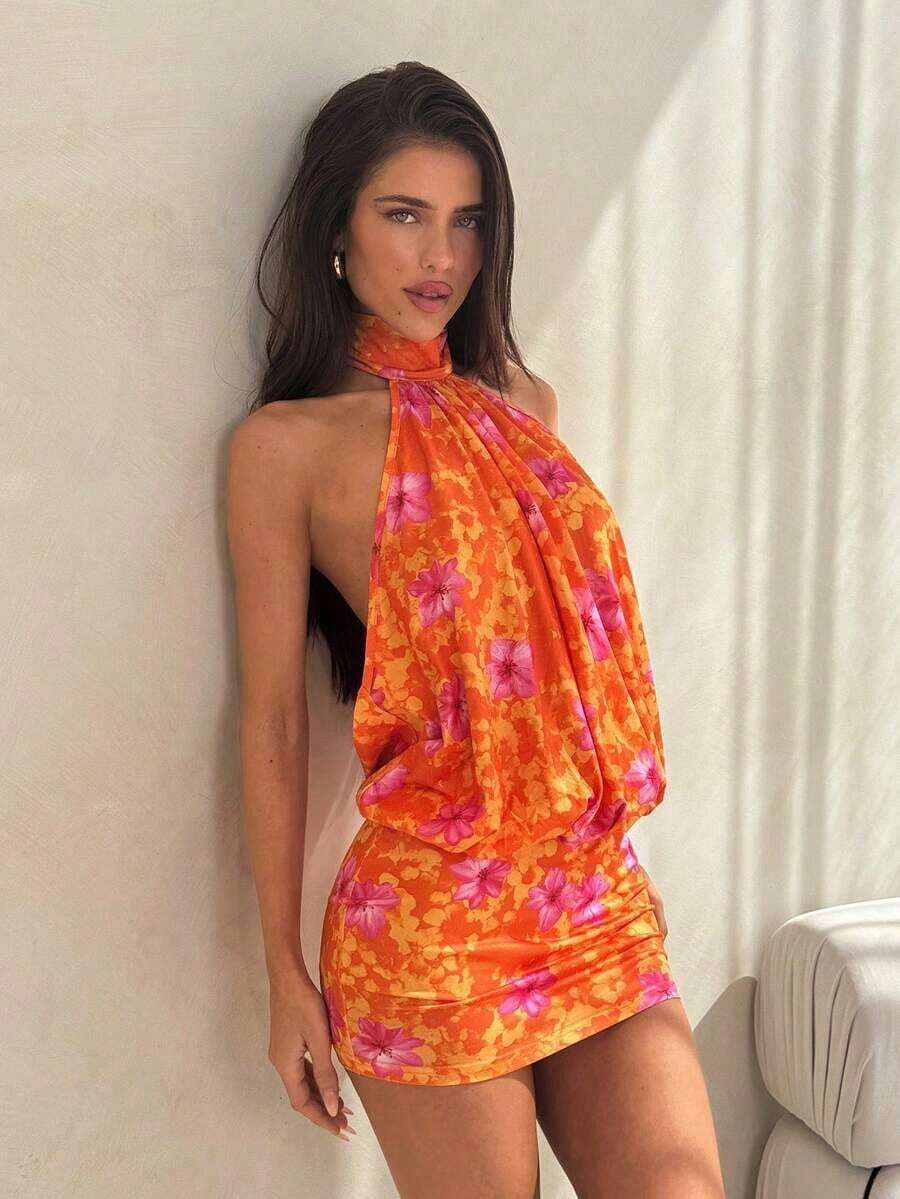ICON Vestido mini ajustado con cuello alto, espalda descubierta y volantes - Multicolor 3 - Ver 1