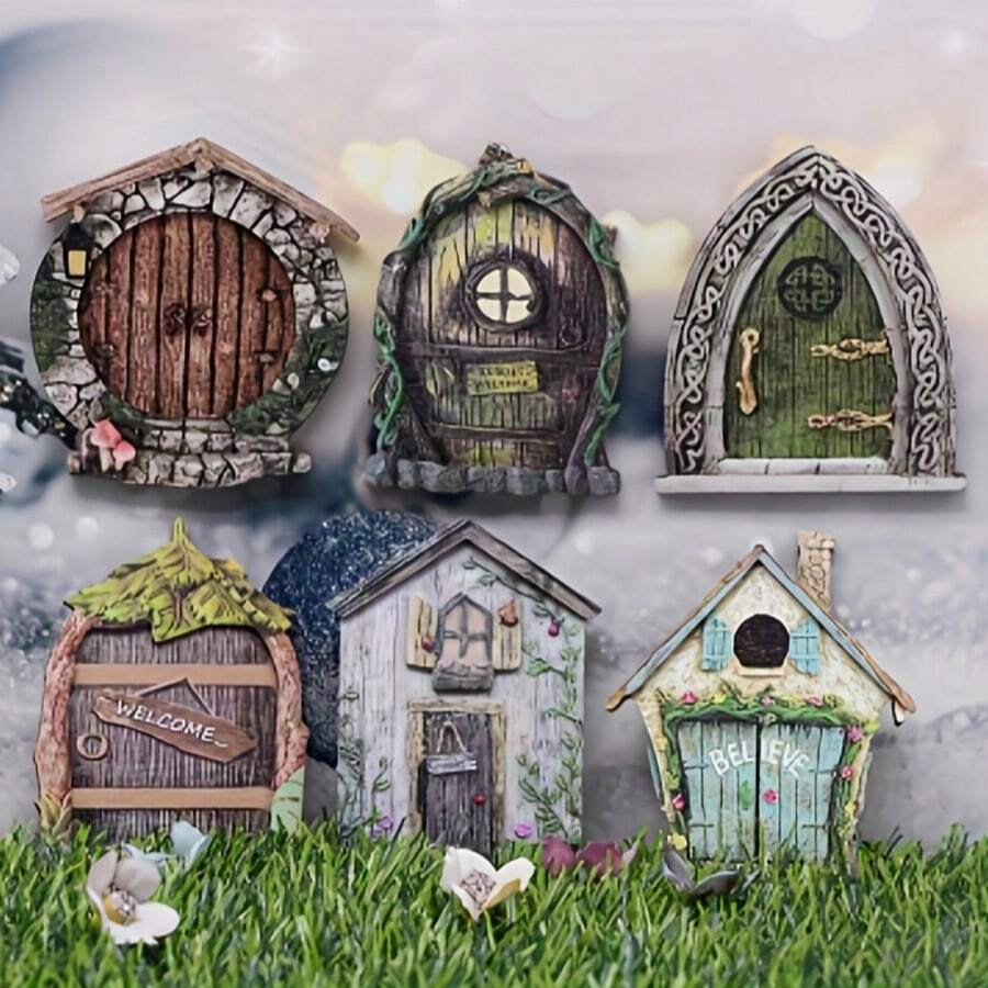 6pcs Woodland Fairy Tale Miniature Door Set, Micro Fairy House Decor For Garden And Yard Landscape - A - View 1