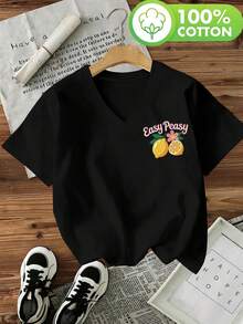 Plus Size, Women's T-Shirt With Graphic Print, 100% V-Neck, Loose Casual Spring/Summer Short Sleeve Tops For Women, Breathable Fabric, Basic T-Shirts, Summer Outfits, Women's Fashion Summer Tops - Black - View 6