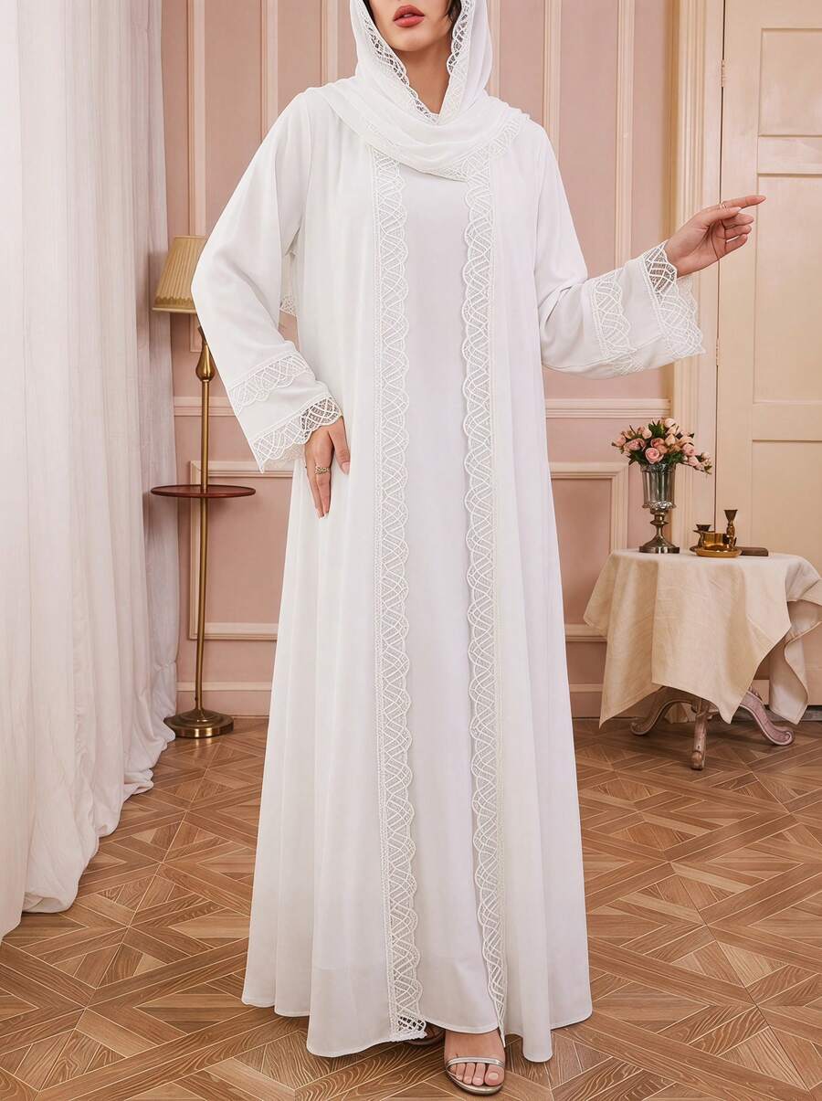Solessence Bộ 4 món gồm áo Abaya viền ren, váy tank top không tay, khăn trùm đầu và thắt lưng, thích hợp mặc mùa xuân. - sữa - Xem 1
