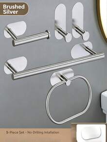 Bộ 5 món giá treo khăn tắm bằng thép không gỉ, bao gồm giá treo khăn, giá đựng giấy vệ sinh và móc treo khăn, gắn tường, phù hợp cho phòng tắm và nhà bếp. - Đáy vuông không cần đinh - Xem 11