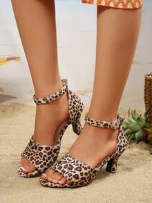 2026 New Arrival Leopard Print Square Toe Chunky Heel Sandals, One-Strap Buckle Ankle Strap Design, Sexy Open Toe High Heels, European And American Style - Multicolor - View 4