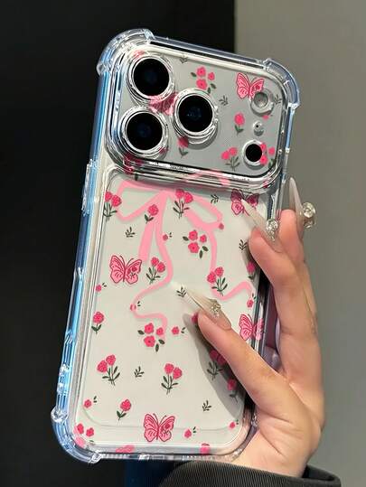 1 pieza Funda de teléfono transparente con diseño de flores y lazo, funda de teléfono minimalista de primavera, adecuada para uso diario, borde elevado y resistente a los arañazos, compatible con iPhone 15/15 Pro/15 Plus/15 Pro Max/16/16 Pro/16 Pro Max/17/17 Pro/17 Pro Max/12/12 Pro/12 Mini/13/13 Mini/13 Pro/13 Pro Max/14/14 Plus/14 Pro Max/11 Funda suave