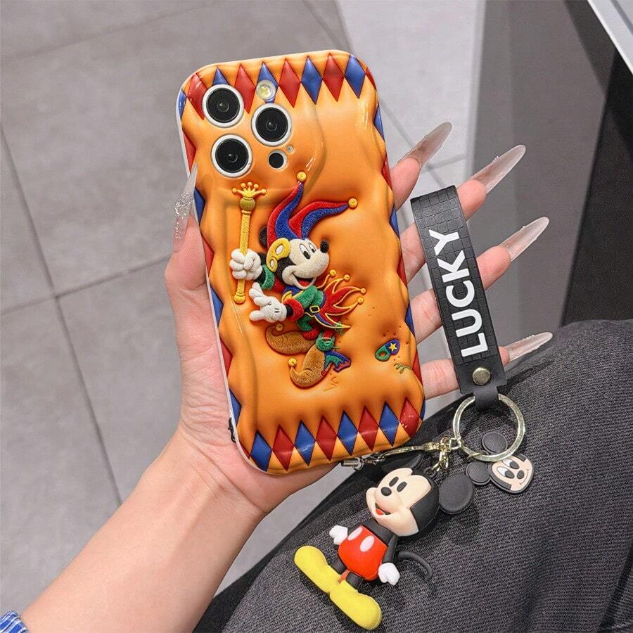 Disney Mickey Mouse Clubhouse Phone Case : 3D Fluffy Pattern Border Protector Phone Soft Phone Case With A Free Cute Mickey Bracelet Chain Lanyard, Mickey, Minnie, Goofy, Donald Duck, Daisy Duck, Pluto, For Apple 17 Promax 17 Pro 16 15 14 13 12 11 Pro Max XS Max X XR Soft Cover Summer Phone Case - 白色 - 查看 1
