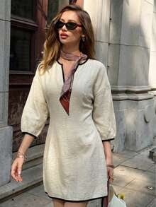 Woven Fabric Elegant Party Casual Fashion Contrast Trim Keyhole Neck Drop Shoulder Dress - Apricot - View 7