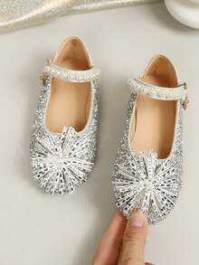 Girls' Sparkly Silver Rhinestone Firework Princess Shoes, Pearl Buckle Soft Non-Slip Soles, Children's Stage Performance Versatile Shoes - Silver - View 1