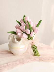 1 bouquet de tulipes artificielles blanches et roses, bouquet de mariée, décoration d'anniversaire, fournitures de fête, décoration de chambre, cadeau de remise des diplômes, cadeau d'été, cadeau de plage, cadeau de rentrée scolaire, fournitures scolaires - Multicolore - Voir 3
