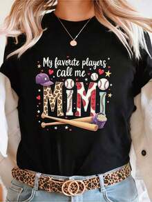 Regalo: 1 camiseta blanca de béisbol con estampado Mimi para mujer, cuello redondo, camiseta casual de algodón, tejido de punto de elasticidad media, corte regular para damas, ideal para primavera/verano/otoño, Día de la Madre, Pascua, Día de la Independencia. Suave. - Negro - Ver 6