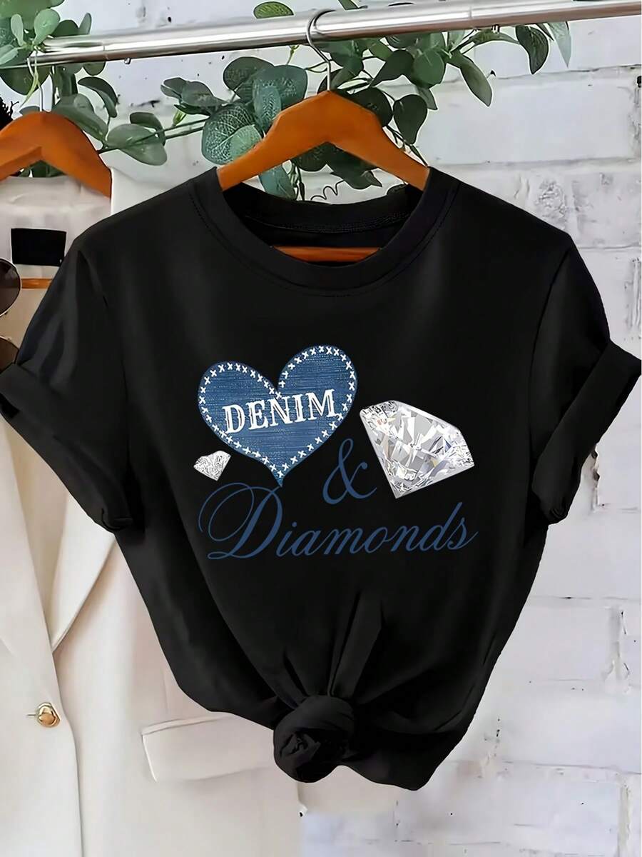 1 pieza de camiseta de manga corta con cuello redondo y estampado de corazones y diamantes en imitación de mezclilla para mujer, top casual de moda para mujer, ropa elegante para mujer, regalo de vacaciones, regalo de cumpleaños.