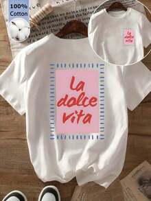 Slim-Fit Short-Sleeved Solid Color Round Neck T-Shirt For Women, Playful Print With The Slogan "La Dolce Vita", 100% Cotton, Casual For Everyday And Leisure, Streetwear, Y2K Style, Beach, Shades, Holiday, Summer, Spring, T-Shirt, Sport, Party, Blouse, Vintage, Carnival, Valentine's Day, May, Women's Tops, Spring Outfit, Jersey, Women's Winter Clothing, Summer, Playful T-Shirt, Holiday, Beach, Casual, Cute Tops, Black Top, White Top, Spring Top, Easter Clothing For Women, All Year Round, Office/Lounge/Home/Minimalist, Preppy Style, Western Style, Outfit, American Retro Style, Sexy, Outerwear, Autumn, Soft And Comfortable, Valentine's Day, Carnival, Summer Top, Artistic, Shades, Music Festival, White Top, Summer T-Shirt. - White - View 7
