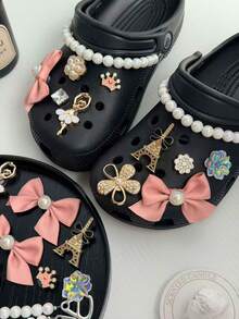 Fashionable Girl Style Clogs Shoes Charms Set - Bow, Dollar Sign, Star & Flower Decor, Shiny Clogs Shoes Accessories - Golden Eiffel Tower Ballet Chain Set - View 5
