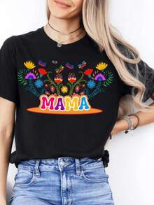Vibrant Flowers And Butterflies Surround The Word MAMA In Cheerful Colors, Symbolizing Maternal Love, Happiness, And Connection With Nature-A Tribute To Mothers. Women's T-Shirt, 100% Cotton - 黑色 - 查看 6