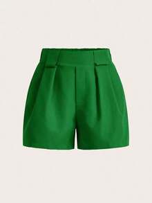 Pantalones cortos casuales sueltos con bolsillos y pliegues de unicolor para mujer - Verde 2 - Ver 3