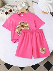 2pcs/Set Teenage Girls Round Neck Short Sleeve T-Shirt With Capybara Print + Cartoon Shorts, Summer Girls Outfit - Hot Pink - View 2