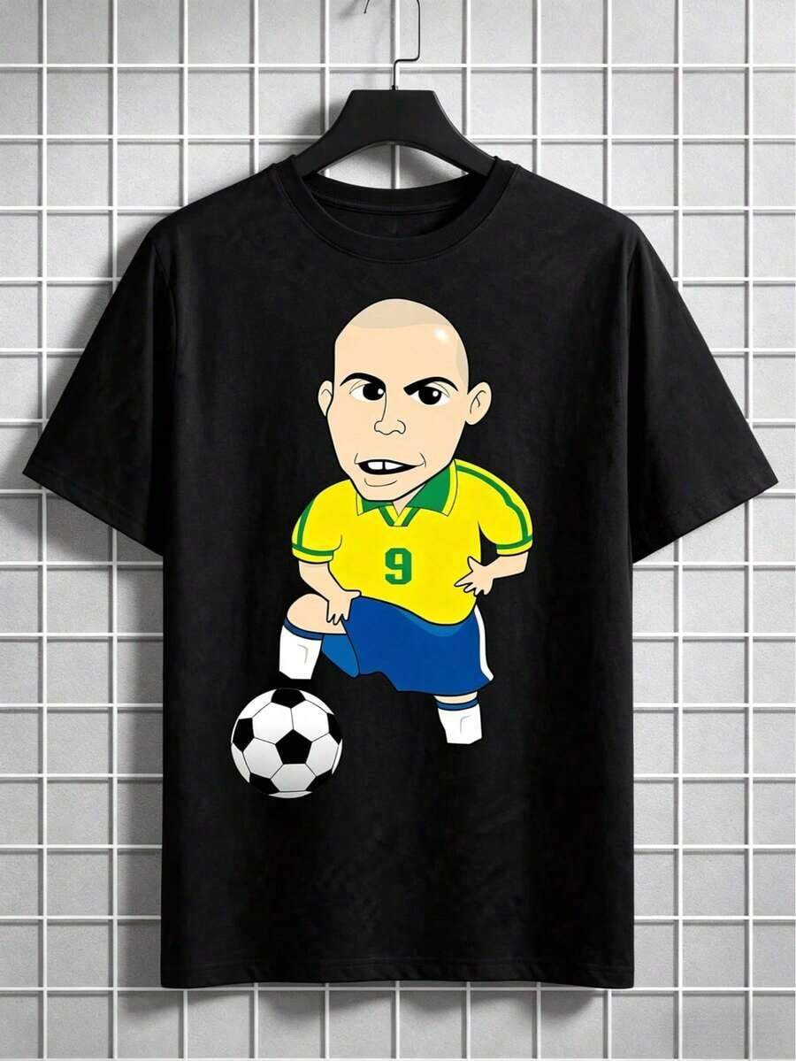 Camiseta de Fútbol para Hombre, Diseño de Dibujos Animados de un Jugador Brasileño, Casual y Moderna, Ideal para Ver Partidos, Regalo para Fanáticos de la Selección Nacional - Negro - Ver 1