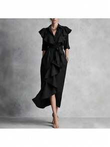 Vestido largo por debajo de la rodilla con cordón, corte holgado favorecedor, botonadura sencilla y volantes, nueva colección primavera-verano 2026 - Negro - Ver 2