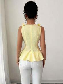 Nueva blusa de tirantes finos con diseño de lazo, cintura ceñida y volantes en el bajo, de tela floral texturizada, para mujer, casual, versátil y elegante para vacaciones - Amarillo - Ver 3