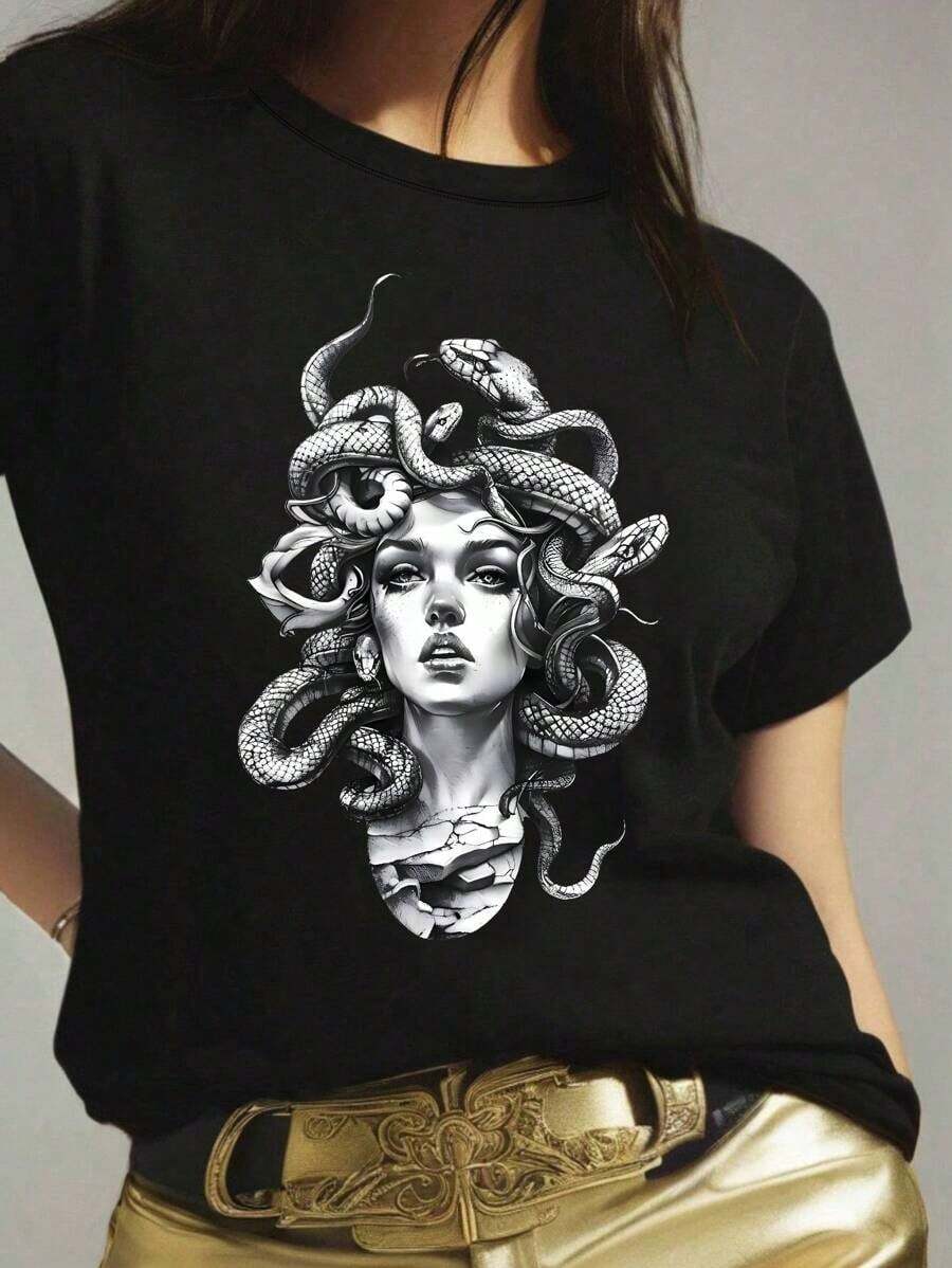 Camiseta de manga corta con estampado de serpiente para mujer de talla grande, camisetas gráficas para mujer-Vintage Street Style Unisexoose Cotton Short Sleeve Crew Neck T-Shirt - Negro - Ver 1